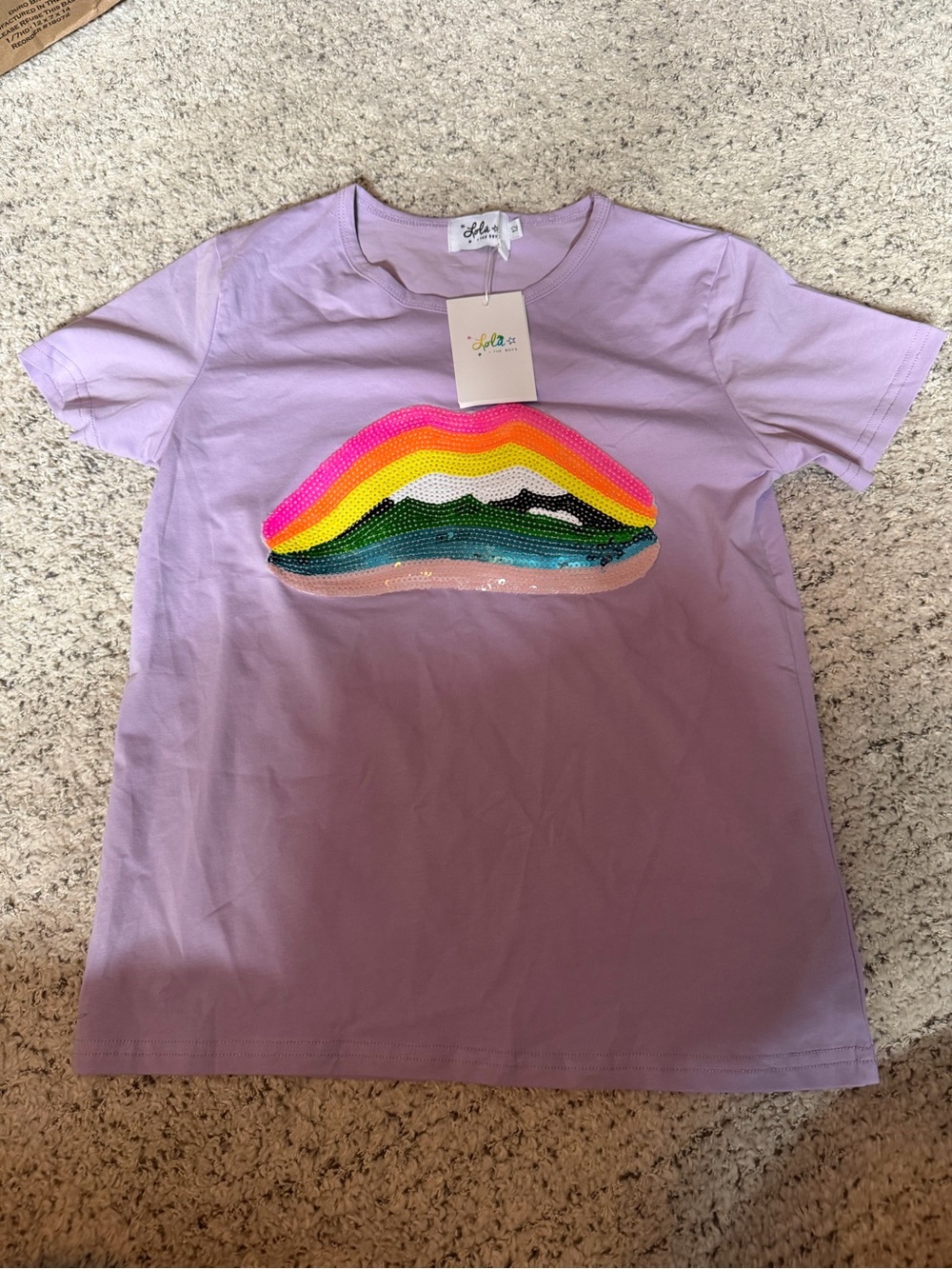 Lola + The Boys Lavender Tee with Rainbow Sequin Lip Graphic nwt 12